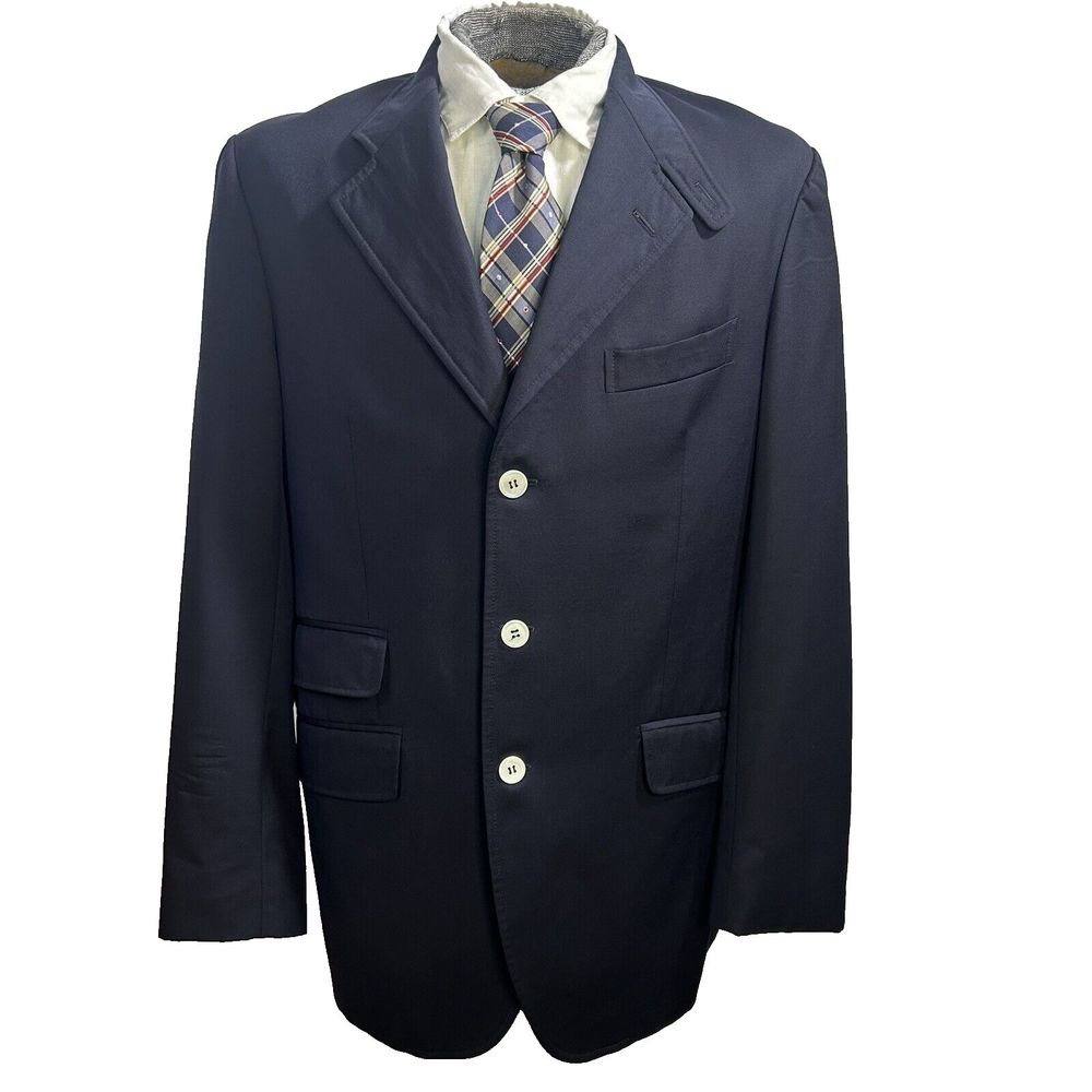 Etro Milano Italy Sz 52 IT 42 US Navy Blue 100 % Wool Jacket Blazer FLAW